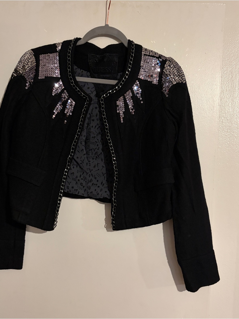 Guess Black Cropped Jacket with Silver Sequin Accents